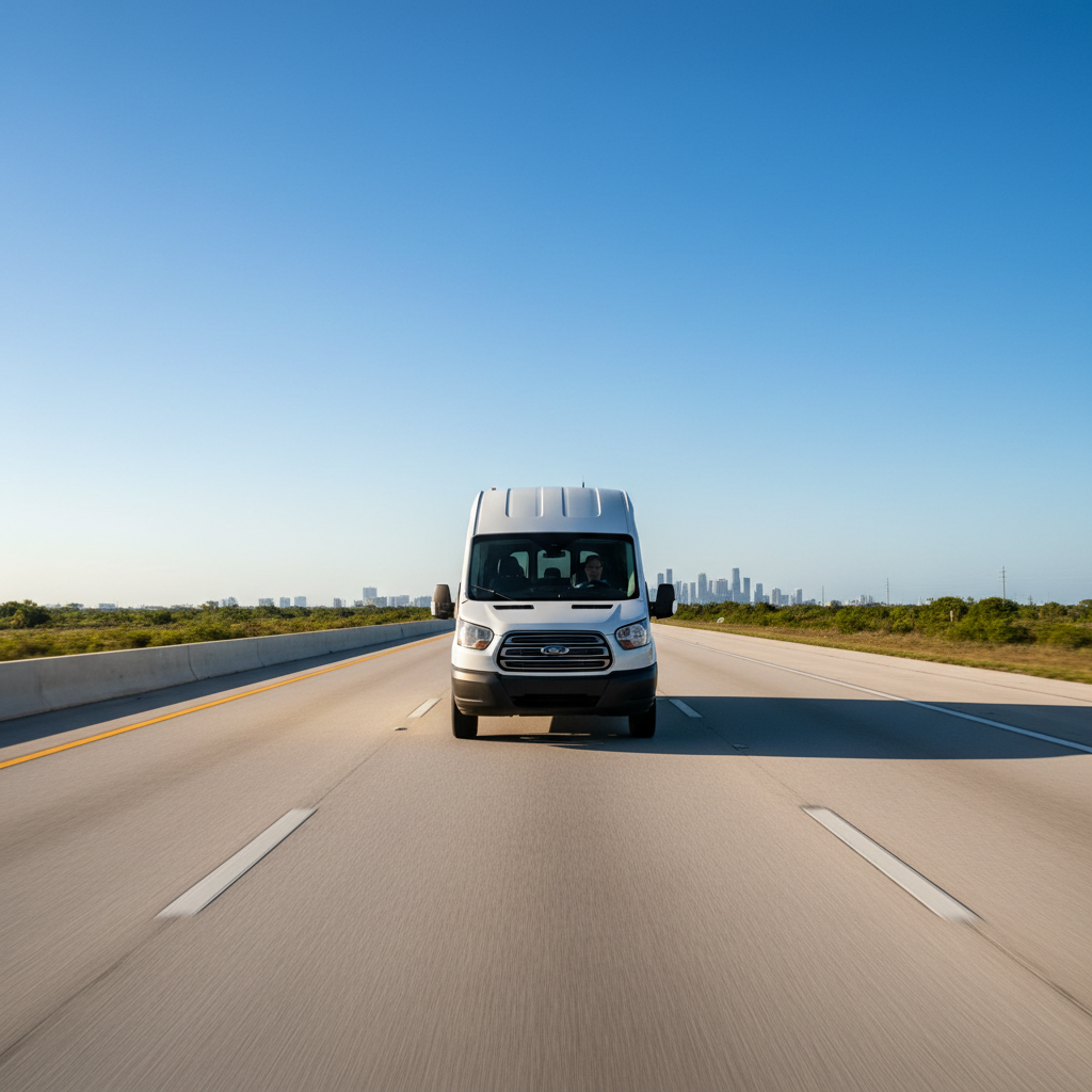 Wawa Express white Ford Transit passenger van traveling toward Miami on a Florida highway